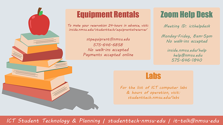 Resources for students include computer labs, equipment rentals, and the Zoom IT Help Desk. For more information, visit studenttech.nmsu.edu.