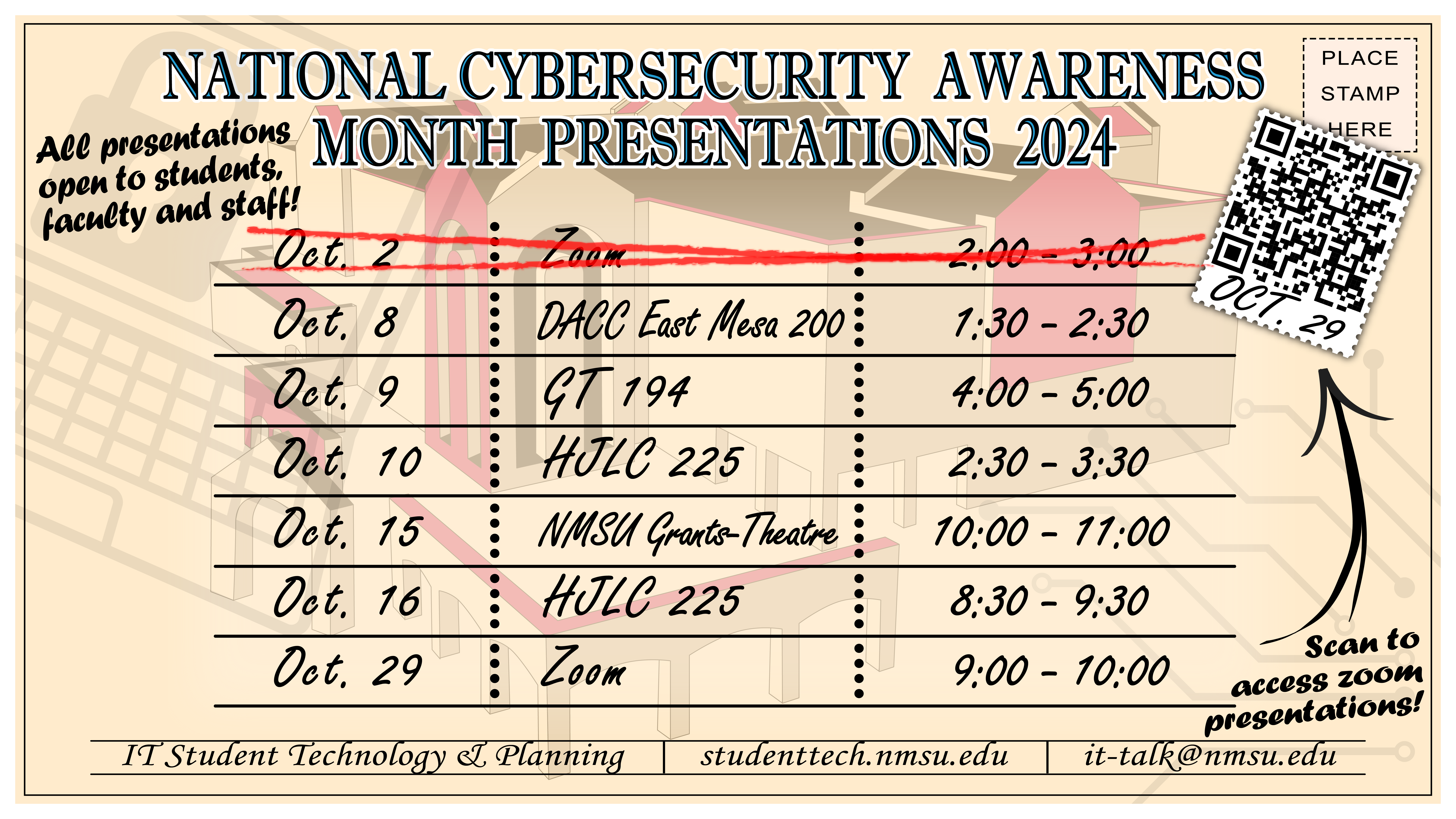 For the National Cybersecurity Month presentation schedule, visit studenttech.nmsu.edu/cybersecurity-month.