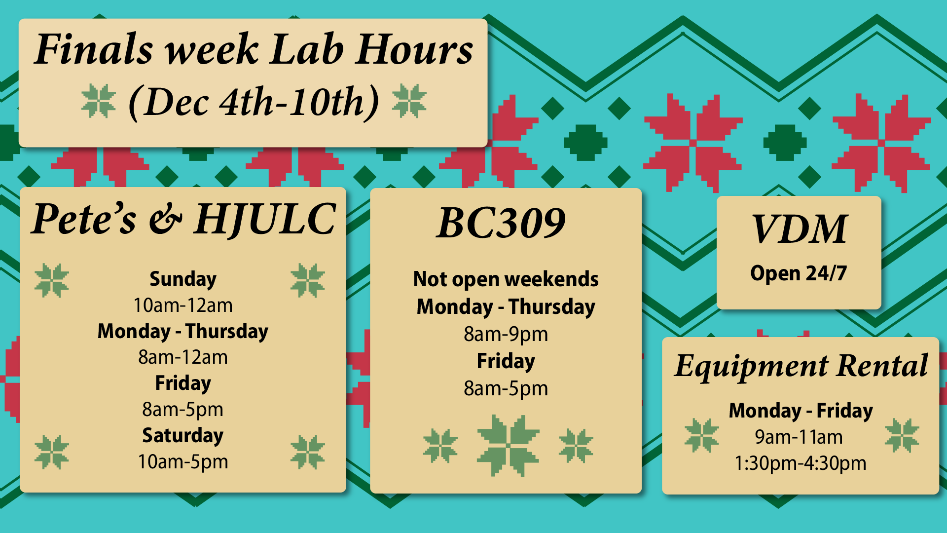 For finals week lab hours (Dec 4th - 10th), visit studenttech.nmsu.edu/labs.