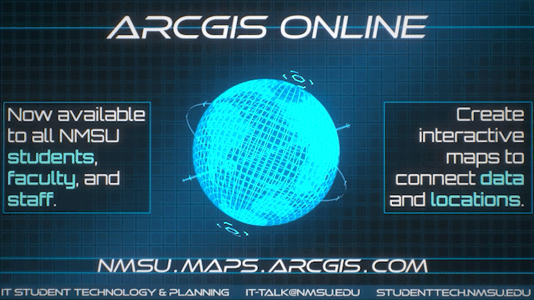ArcGis Online now available to all NMSU students, faculty, and staff. Create interactive maps to connect data and locations. nmsu.maps.arcgis.com