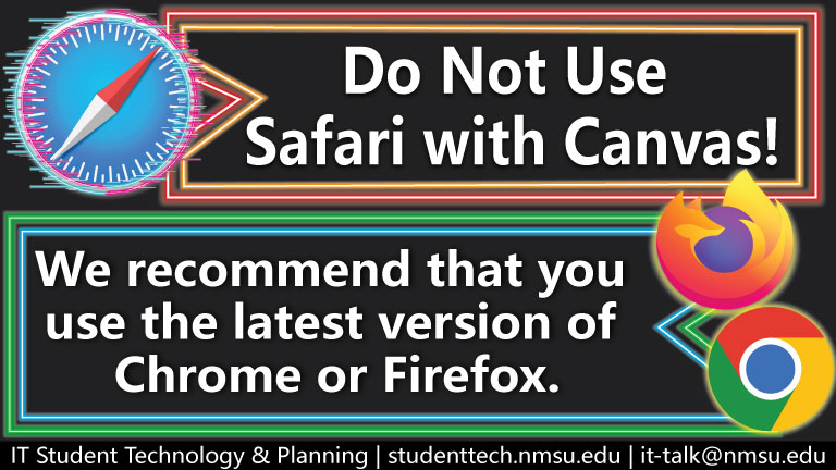 Do not use Safari with Canvas! We recommend you use the latest version of Chrome or Firefox.