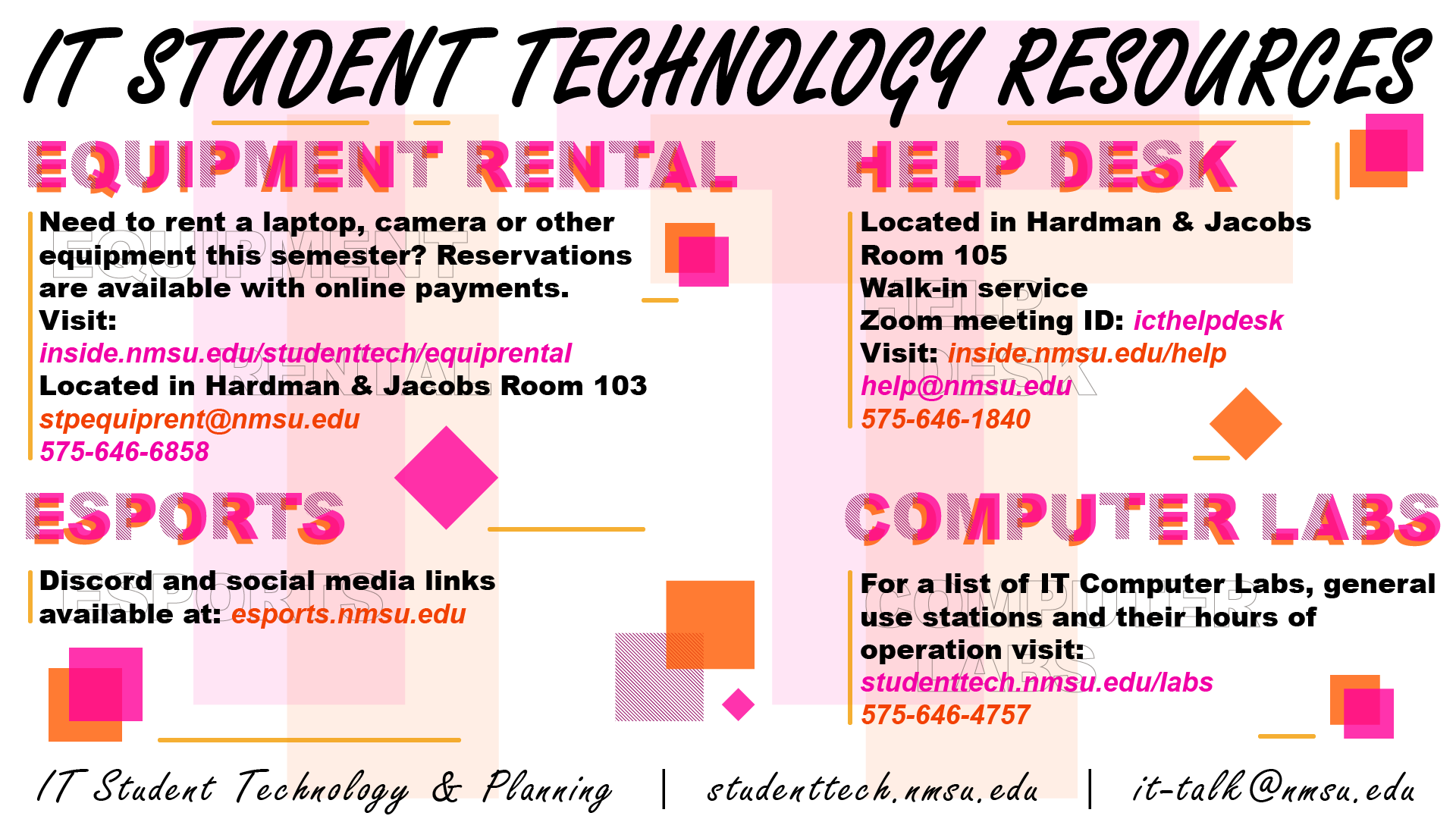 IT Student Technology resources: Equipment Rental, Help Desk, Esports, Computer Labs. For more info, visit studenttech.nmsu.edu.