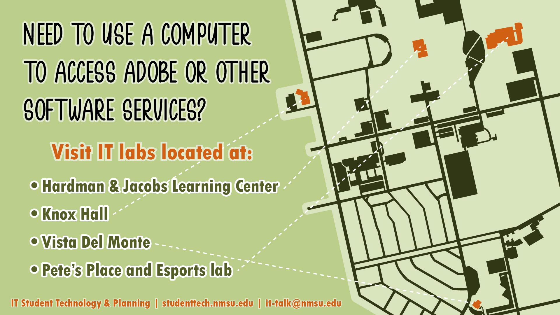 Need to use a computer to access Adobe or other software?  Visit IT labs located at: Hardman & Jacobs Undergraduate Learning Center, Knox Hall, Vista Del Monte, Pete's Place, or the Esports Lab.