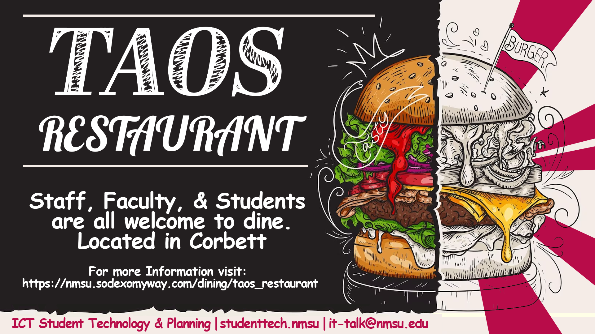 Taos restaurant - staff, faculty, & students are all welcome to dine. Fore more information visit: nmsu.sodexomyway.com/dining/taos_restaurant.